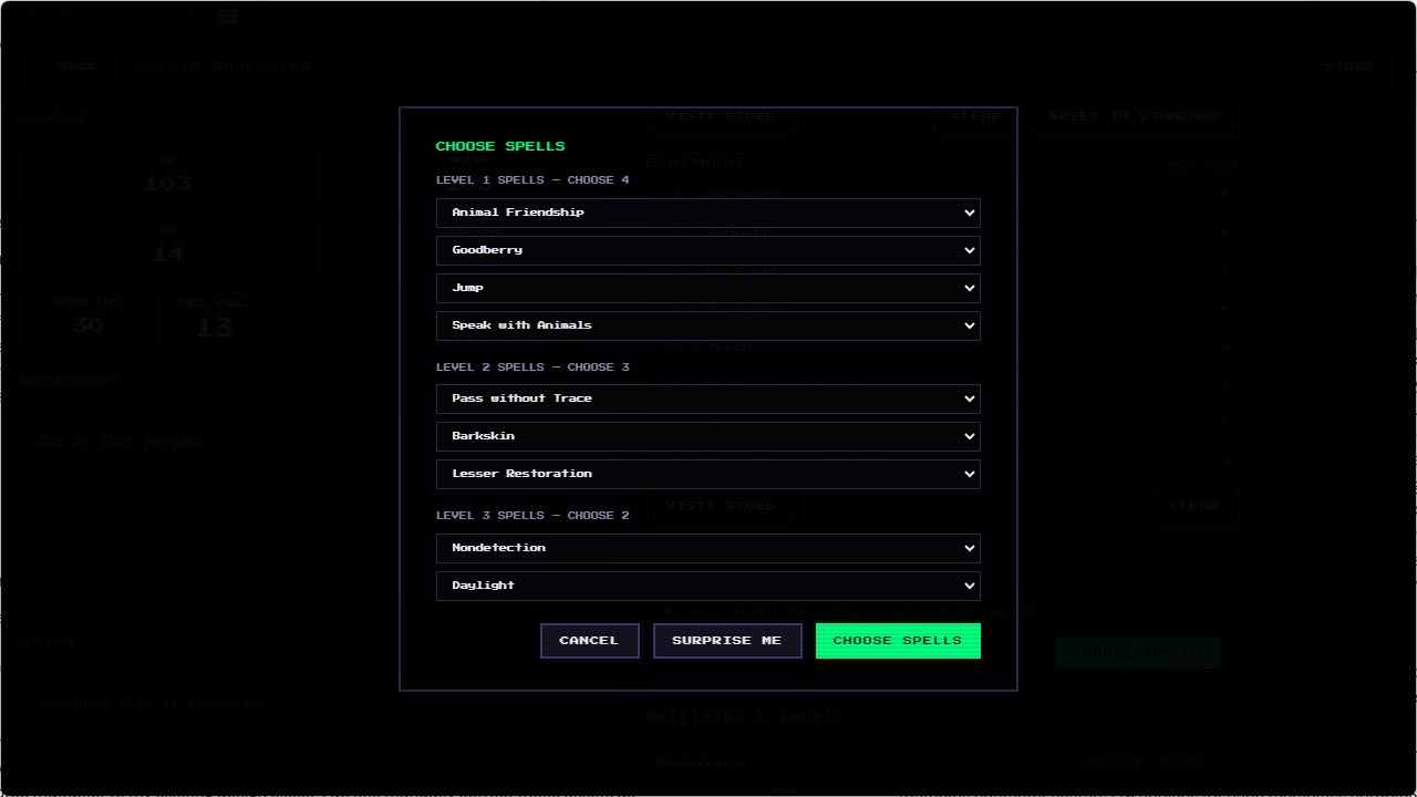 Spell selection during character creation
